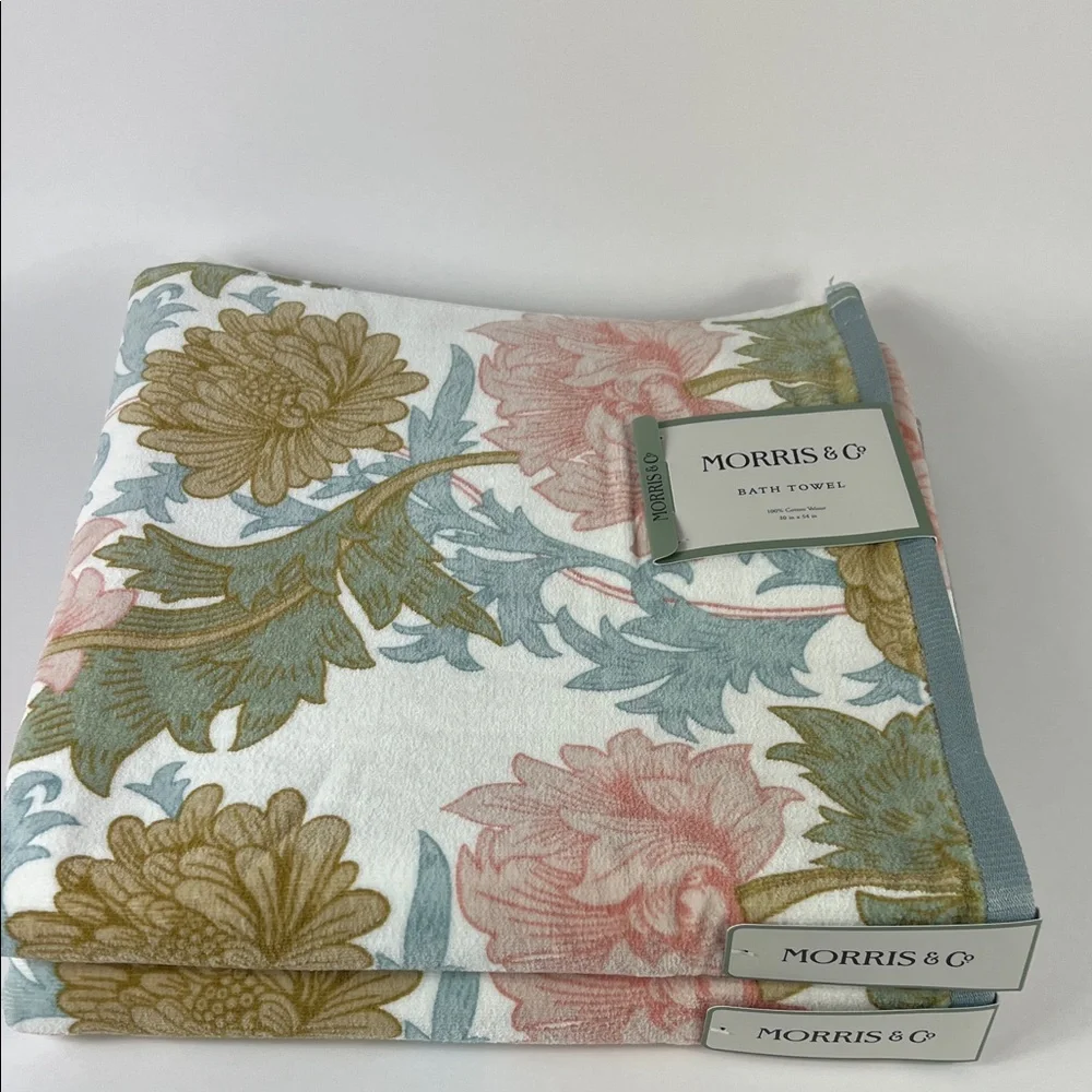 William Morris Bath Towels Pink Blue English Garden Cotton Velour Set of 2 NEW